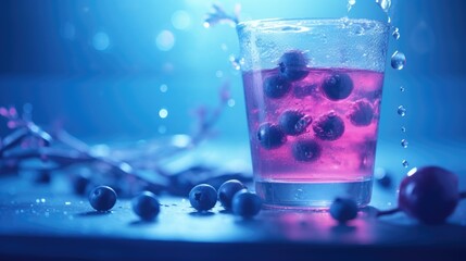 Aesthetic view of blueberry juice on table with cinematic lighting.