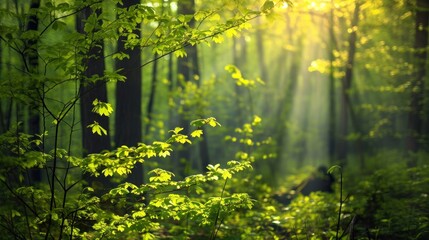  the sun shines through the trees in a forest filled with green leaves and a bear in the foreground.