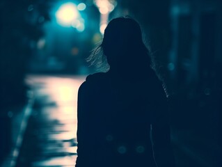 Woman walking alone at night. Fear of stalkers, crime, and other bad things.