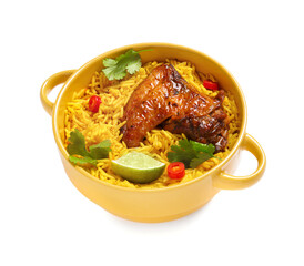 Bowl of traditional chicken biryani on white background