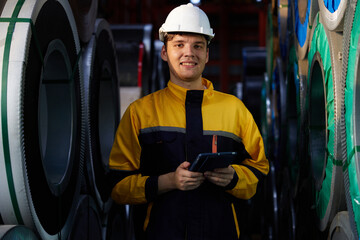 technician or worker working on tablet and checking sheet metal products in the factory