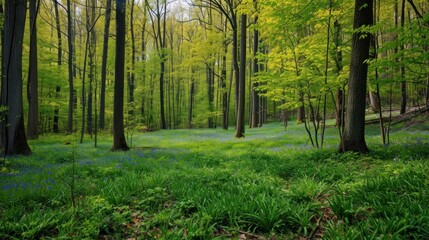  a forest filled with lots of green trees and bluebells growing on the ground in the middle of the woods.