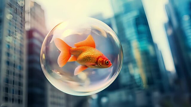 Vibrant goldfish in a clear bubble floating in an urban cityscape, symbolizing freedom and contrast between nature and metropolitan life