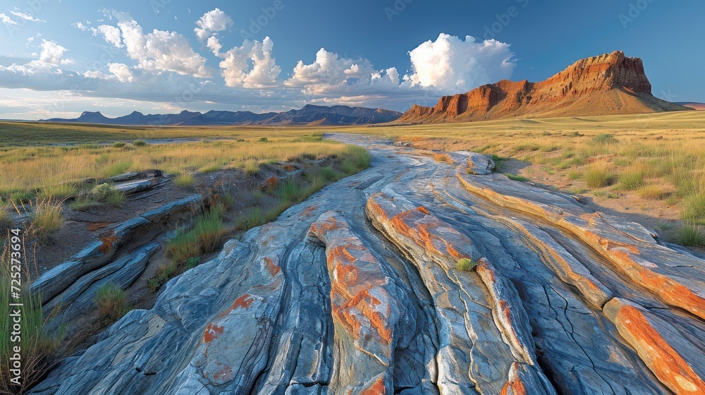 Poster a large rock formation in the middle of a field with a mountain in the background and clouds in the 