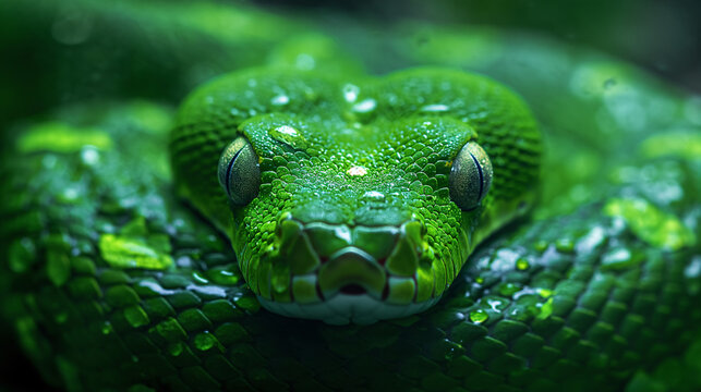 Deadly snake looking into the camera. Exotic snake look at you. Snake eyes. Reptile predator. Aggressive snake face close up. Beautiful abstract wallpaper