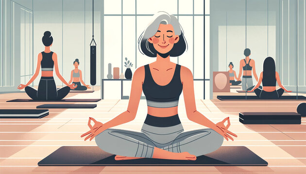 illustration suitable for a lo-fi animation, showing a smiling mature woman meditating and posing in a gym