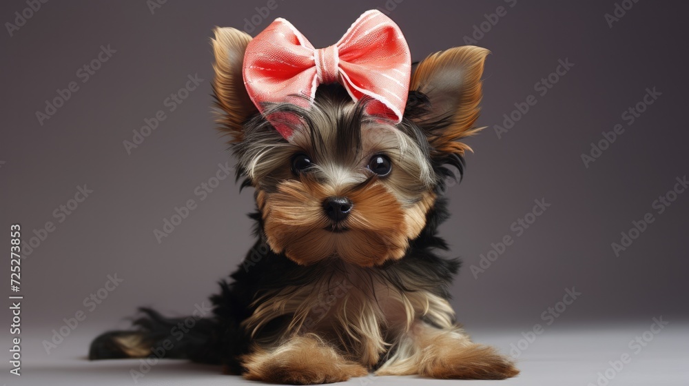 Wall mural A playful yorkshire terrier pup with a stylish bow on its head.