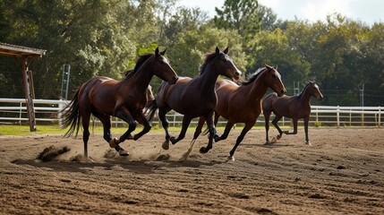  a group of horses running on a dirt field in a fenced in area with trees and grass in the background.