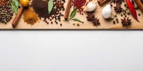 Top view of a kitchen banner featuring a board, spices, and herbs, with available space for text.