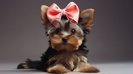 A playful yorkshire terrier pup with a stylish bow on its head.