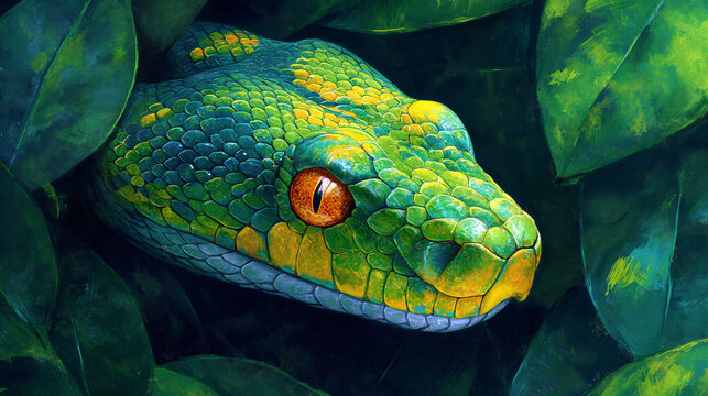 Deadly snake looking into the camera. Exotic snake look at you. Snake eyes. Reptile predator. Aggressive snake face close up. Beautiful abstract wallpaper