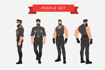 Set of police officer in different poses. Vector illustration in flat style
