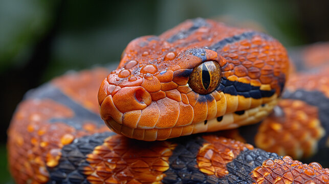 Deadly snake looking into the camera. Exotic snake look at you. Snake eyes. Reptile predator. Aggressive snake face close up. Beautiful abstract wallpaper