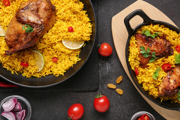 Baking dish and frying pan of traditional chicken biryani with ingredients on black background