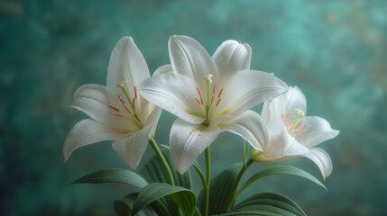 Fototapeta na wymiar Elegant White Lilies Blossom Against Moody Aquatic Toned Background 