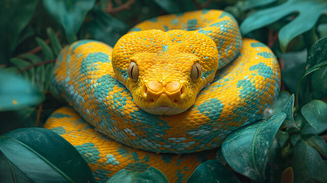 Deadly snake looking into the camera. Exotic snake look at you. Snake eyes. Reptile predator. Aggressive snake face close up. Beautiful abstract wallpaper