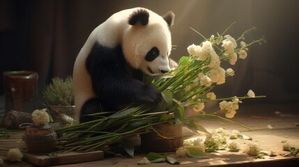 Obraz premium A playful panda magician creates a bamboo shoot bouquet with a flick of its paw.
