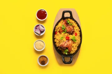 Poster Baking dish of traditional chicken biryani with ingredients on yellow background © Pixel-Shot