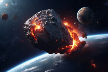 A gigantic burning asteroid falls to earth, collides with the surface, and wallpaper background - obrazy, fototapety, plakaty