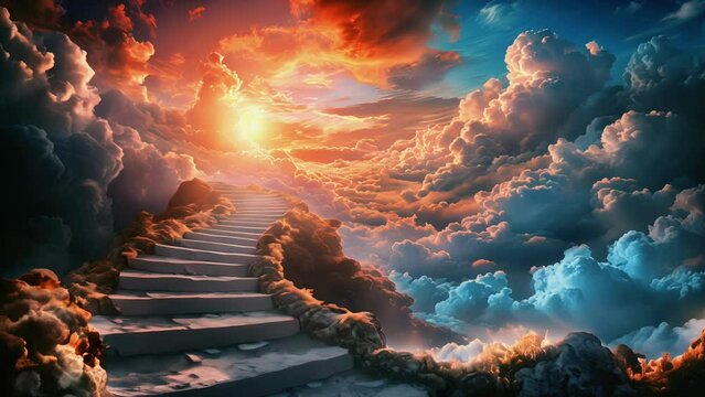 Surreal landscape with a staircase ascending through majestic clouds towards a vibrant sunset, symbolizing aspiration and the journey to enlightenment
