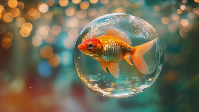 Vibrant goldfish swimming in a transparent bubble against a bokeh light background, depicting concepts of freedom and confinement