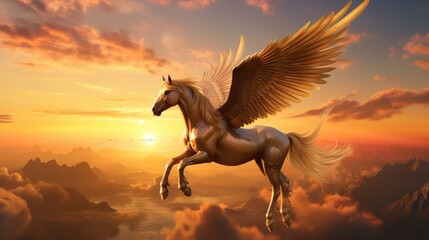 A majestic golden winged horse soaring through a surreal fantasy landscape, in the warm hues of the setting sun.
