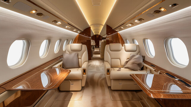 Luxurious interior of a private jet, Premium Business Class. Seats for Luxury Air Travel, Posh first class airplane cabin, Exclusive First Class Airplane Seating. generative ai