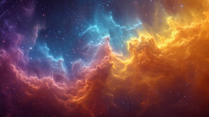  an image of a colorful space scene with stars and clouds in the foreground and a bright orange and blue cloud in the background.