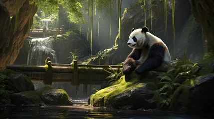 Schilderijen op glas A contemplative panda enjoying the tranquil beauty of a bamboo garden. © Galib