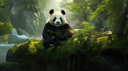 A contemplative panda enjoying the tranquil beauty of a bamboo garden.