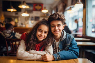  Young smiling teenage couple boyfriend girlfriend in romantic mutual love teenagers on date in cafe restaurant. First love relationship sensuality tenderness concept