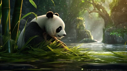 Keuken spatwand met foto A thoughtful panda scientist observing the growth patterns of bamboo shoots. © Galib