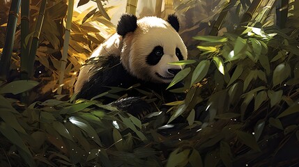 A panda scientist observing the intricate patterns on bamboo leaves.