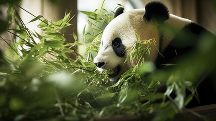 A panda scientist observes the intricate patterns on bamboo leaves.