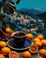  a cup of coffee on a saucer surrounded by oranges and a view of a town in the distance.