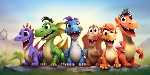 A group of dinosaurs are sitting together and the word,Dino Gathering Roaring Together in Unity.
