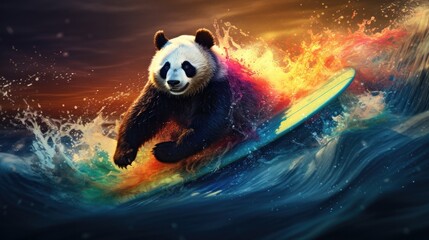 A panda surfer riding waves of rainbow-colored bamboo sticks.