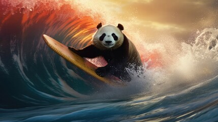 A panda surfer riding waves of rainbow-colored bamboo sticks.