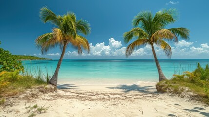  a couple of palm trees sitting on top of a sandy beach next to a body of water with clouds in the sky.