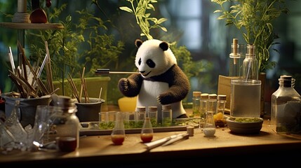 A panda scientist conducting experiments with miniature bamboo lab equipment.