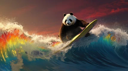 Poster A panda surfer riding waves of rainbow-colored bamboo sticks. © Galib