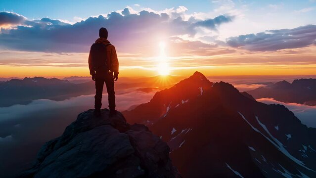 Solo traveler standing on a mountain peak at sunrise, with a dramatic sky and stunning mountain range in the background, symbolizing achievement and adventure