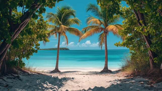  a painting of a tropical beach with palm trees and a small island in the distance with a few clouds in the sky.