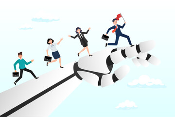 Business people walking up on robot hand pointing up, AI Artificial Intelligence help support business success, technology or innovation for new opportunity, invention for business growth (Vector)