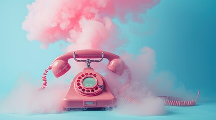  a pink phone with smoke coming out of it on a blue background with a pink bubble coming out of it. - obrazy, fototapety, plakaty
