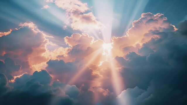 Dramatic sunbeams cutting through moody cumulus clouds, portraying a heavenly or spiritual concept, suitable for religious holidays or inspirational themes