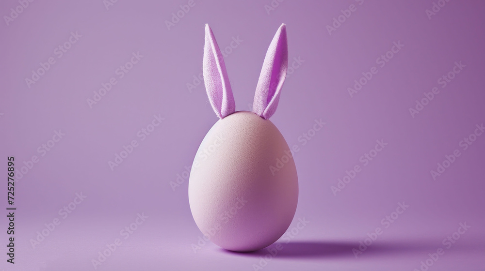 Poster  a white egg with a purple bunny's ears sticking out of it's side on a purple background.