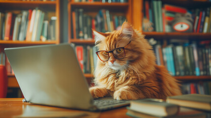 Adorable Cat Wearing Humorous Glasses Working on Laptop, Surrounded by Books. Fluffy Orange Cat with Oversized Glasses Typing Away in a Whimsical Home Office Setting - Image made using Generative AI - 725276819
