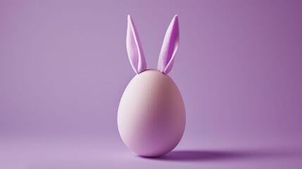 a white egg with a purple bunny's ears sticking out of it's side on a purple background.