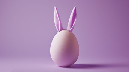 Fototapeta premium a white egg with a purple bunny's ears sticking out of it's side on a purple background.